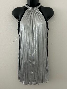 Vintage Y2K SALVAGE Silver Black Lace Up Metallic Long Tunic Halter Top Womens S